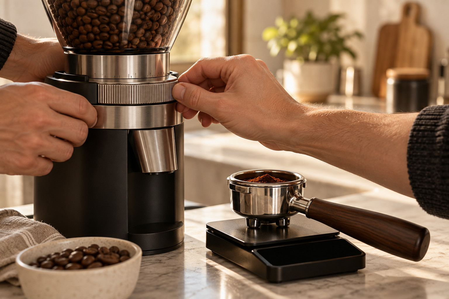 Hände stellen den Mahlgrad an einer Espressomühle ein