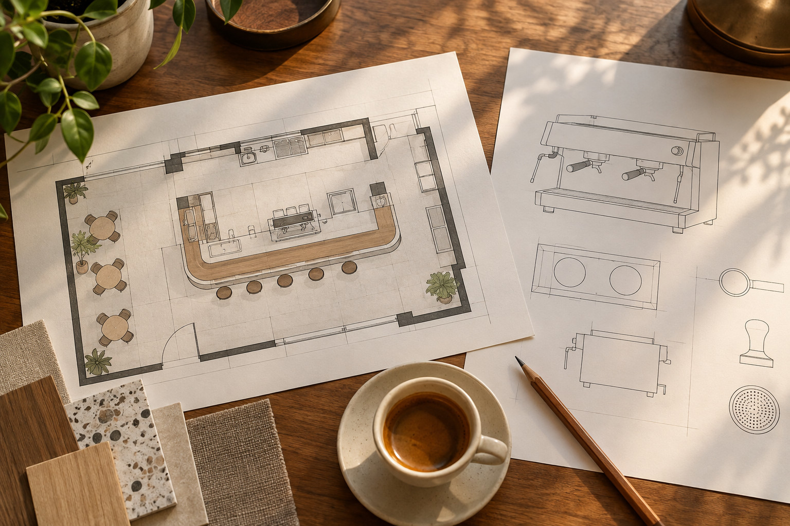 Planungsunterlagen für eine Café-Theke mit Grundriss und Espressotasse
